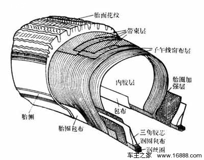 典型的轮胎外胎结构.(图片来源:百度图片)